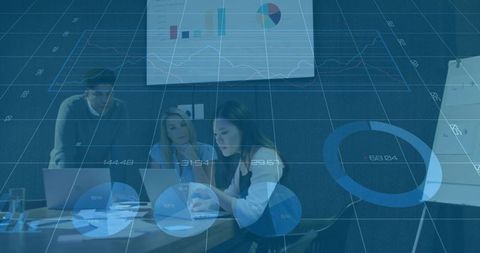 Business team analyzing data dashboards in modern boardroom with laptops for decision making