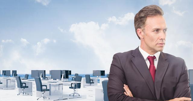 Digital composition of businessman with arms crossed against office background