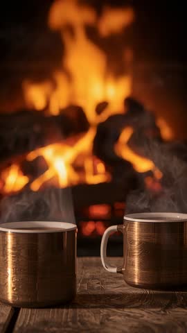 Vertical video: Copper mugs steaming before roaring fireplace creating warm rustic cozy ambience