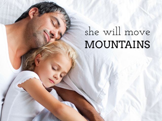 Perfect for use in Father's Day promotions, family bonding advertisements, or parenting blogs. The image captures the serenity and comfort of a father and daughter sleeping together, underscored by an inspiring quote, making it suitable for positive, motivational content related to family and fatherhood.