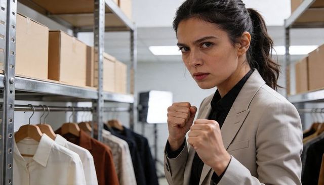 Assertive retail manager raising fists in stockroom with apparel shelving and boxes