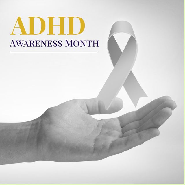 Digital image of cropped woman hand and ribbon with adhd awareness month text on white background. Copy space, raise awareness, support, effective treatment, healthcare, sign.