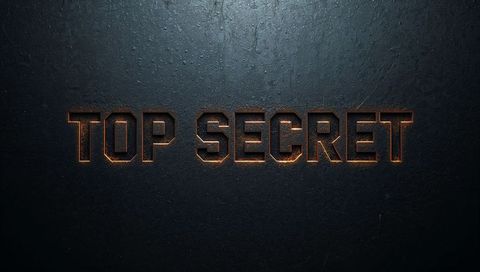 Top Secret Metal Engraved Text with Orange Rim Glow on Dark Scratched Steel Panel