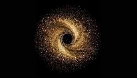 Swirling golden vortex spiral of glittering particles around dark core, cosmic abstract