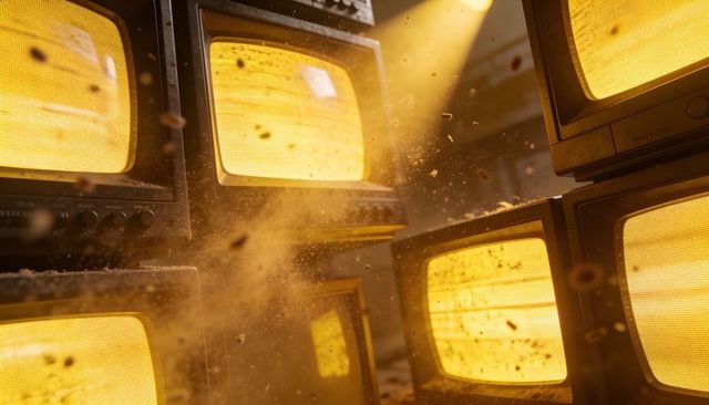 Glowing vintage crt televisions emitting warm yellow static and floating dust beam