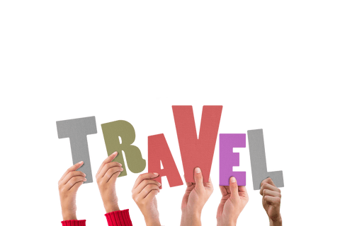 Transparent Letters Design Spelling Travel Held by Diverse Hands