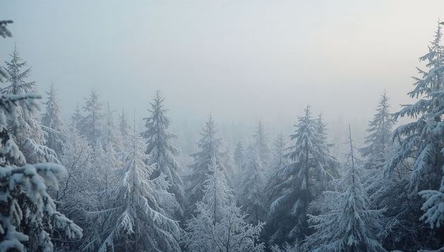 Misty Snow-Covered Conifer Forest Revealing Layered Frosted Canopy at Dawn