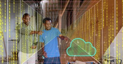 Developers collaborating with ar cloud overlay and binary data in industrial loft