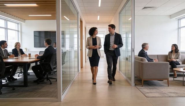 Two professionals walking and talking in modern glass-walled office corridor, collaborating