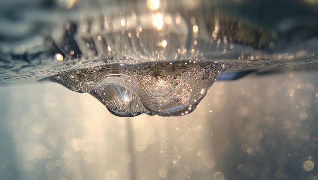 Glowing underwater air pocket forming rippled dome with golden bokeh and microbubbles