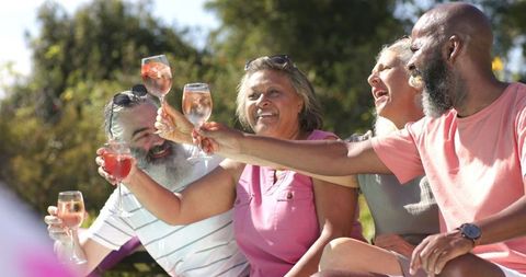 Senior Friends Toasting and Laughing at Outdoor Gathering