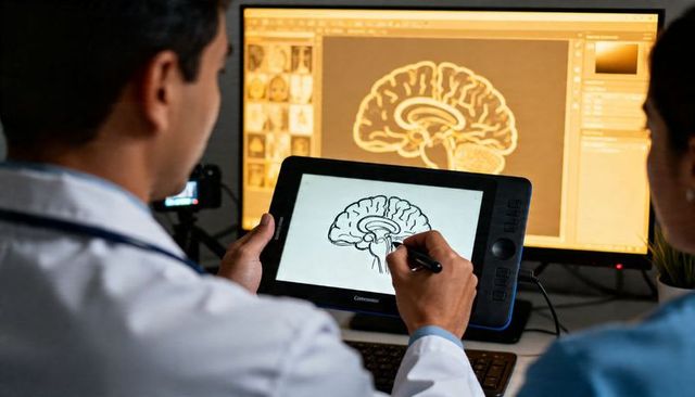 Doctor sketching brain diagram on pen tablet during neuroscience research