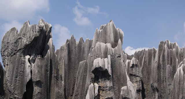 Dramatic limestone rock formations characterized by sharp peaks, located at Tsingy de Bemaraha in Madagascar. The unique landscape is formed due to erosion, creating a natural wonder. This type of scene is useful for illustrating geological phenomena, nature reserves, and travel destinations in scientific publications, travel brochures, and educational materials on geology and natural history.
