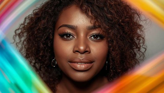 Close-up portrait woman with curly hair and glowing makeup framed by colorful light streaks