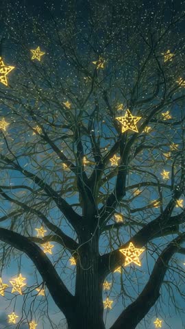 Camera Tilting Up Past Bare Tree Revealing Glowing Star Lanterns at Dusk Nightscape