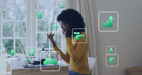 Remote sustainable living consultation: woman talking by laptop with eco icons overlay