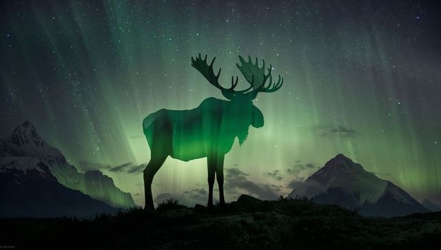 Moose silhouette illuminated by northern lights over rugged mountain ridge