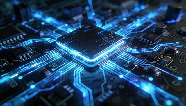 Glowing Microchip with Radiant Blue Traces on High-Tech Circuit Board for AI Systems