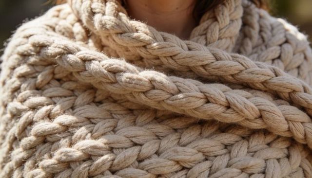 Chunky braided beige knit scarf wrapping neck in warm sunlight