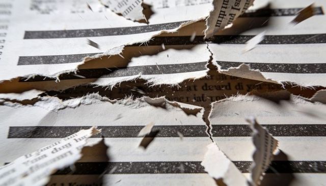 Torn printed sheet with bold black bars and frayed fibers, dramatic macro tear texture