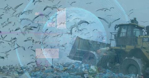 Loader Managing Landfill Waste Amid Seagull Flock and Digital Overlay - Download Free Stock Images Pikwizard.com
