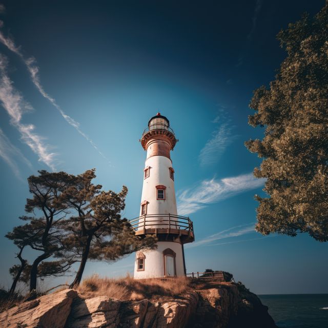 Historic lighthouse standing tall against blue sky on a sunny day surrounded by trees and rocky coastline. Perfect for use in travel brochures, tourism campaigns, coastal vacation advertisements, maritime publications, and as a striking visual in architecture and history articles.