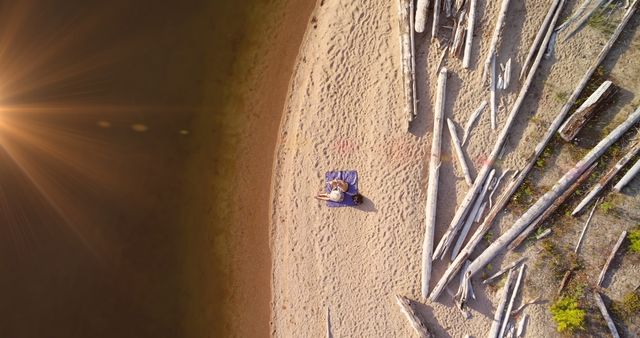 An aerial view captures a solitary person sunbathing on a sandy beach surrounded by driftwood logs. The shoreline curves gently, and the sunlight casts a warm glow. Suitable for use in designs related to travel, relaxation, summer vacations, and outdoor activities.