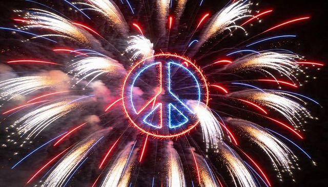 Neon Peace Symbol Radiating Red White Blue Fireworks Over Night Sky Celebration