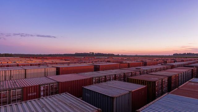 Stretching rows of cargo containers at sunset creating industrial freight yard panorama