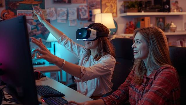 Women engaged in virtual reality gaming in modern home office