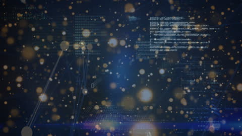 An abstract animation showcasing a digital interpretation of a football field, enhanced with visuals of falling stars and confetti, overlaid with technological network lines and codes. This visual blend of sports and technology signifies the merging of traditional athletics with digital advancements, making it a perfect fit for marketing campaigns focused on futuristic sports events, networking within the sports industry, or visually appealing digital content creation.