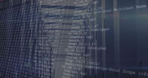 Server rack terminal displaying network logs and code overlay with glass reflections lab