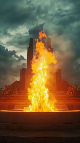 Rising flame column pulsing from circular memorial basin at monumental steps vertical video