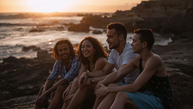Young friends laughing and talking on rocky shore during golden hour sunset by ocean