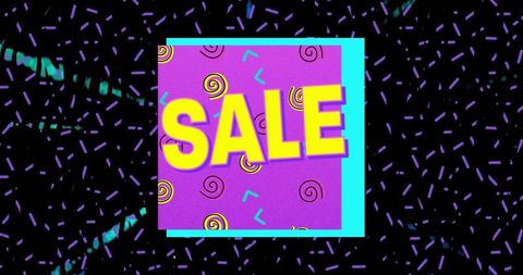 Neon retro sale poster with purple geometric panel and bold yellow 90s pop art text