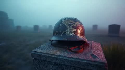 Helm Resting on Plinth in Silhouetted War Cemetery Scene