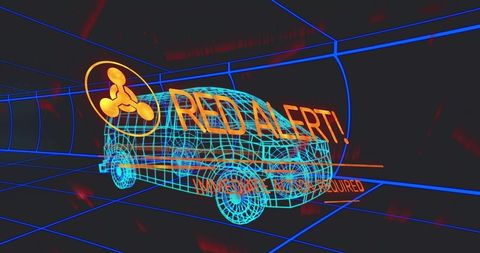 Virtual Car in Holographic Grid with Red Alert Warning