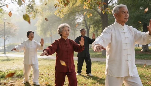 Asian seniors practicing tai chi in autumn park with falling leaves, mindful movement
