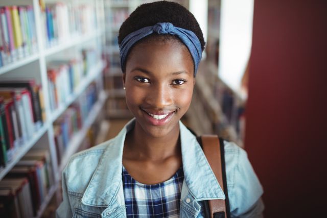 Image of a smiling schoolgirl standing in a library, with rows of bookshelves in the background. She wears a denim jacket and a blue headband, suggesting a casual and approachable style. Ideal for educational resources, school promotions, student life articles, and library website use.