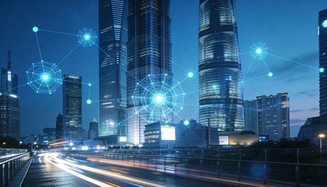 Smart city network night skyline with connected holographic nodes and light trails