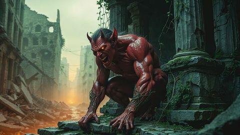 Demonic Creature Snarling in Abandoned Ruins