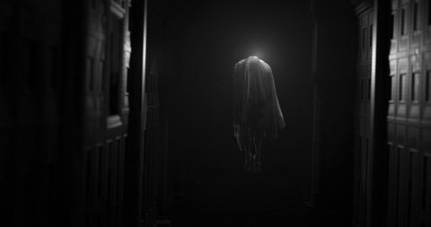 Eerie headless ghost in dimly lit corridor