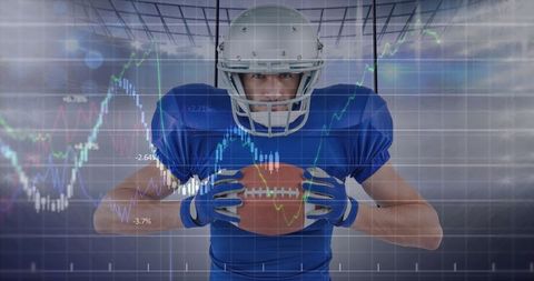 American Football Player Holding Ball Against Background of Financial Charts