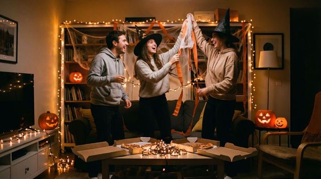 Friends decorating living room for halloween with witch hats, jack-o-lanterns and pizza