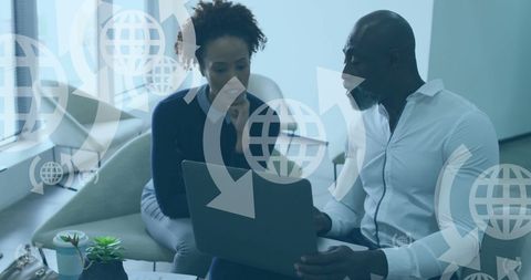 Business meeting with global and tech data overlay in modern office