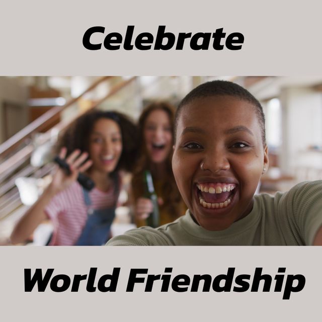 Composition of celebrate world friendship text over diverse female friends taking selfie at beach. Friendship day and celebration, digitally generated image.