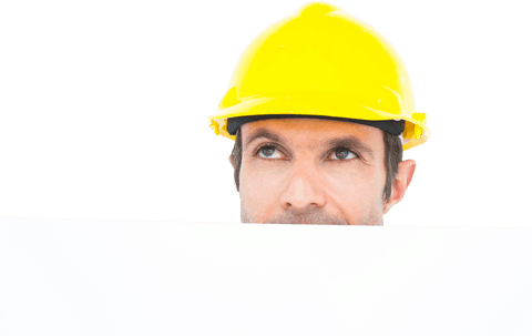 Thoughtful male architect holding blank billboard with yellow hard hat