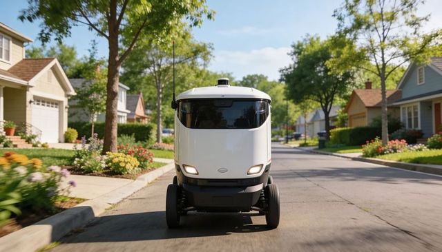 Autonomous delivery pod driving through suburban neighborhood with lidar dome and antenna