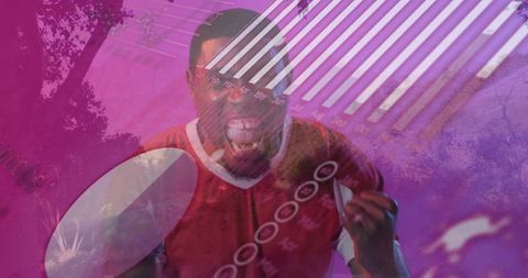 Energetic athlete holding table tennis paddle with digital art overlay