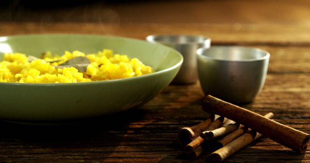 Image features a bowl of yellow rice with steam rising, suggesting it's just made and hot. Surrounding the bowl are cinnamon sticks and metal cups, all placed on a wooden table, creating a rustic kitchen atmosphere. Ideal for use in culinary blogs, cooking websites, or advertisements for food products and recipes.